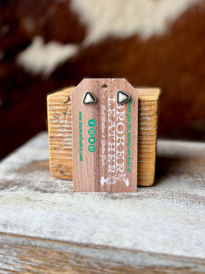 Rustic Western-style small stud earrings featuring faux white buffalo stones and silver rope trim.