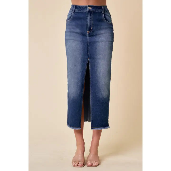 Dark wash high-waisted denim skirt for country concerts and everyday wear.