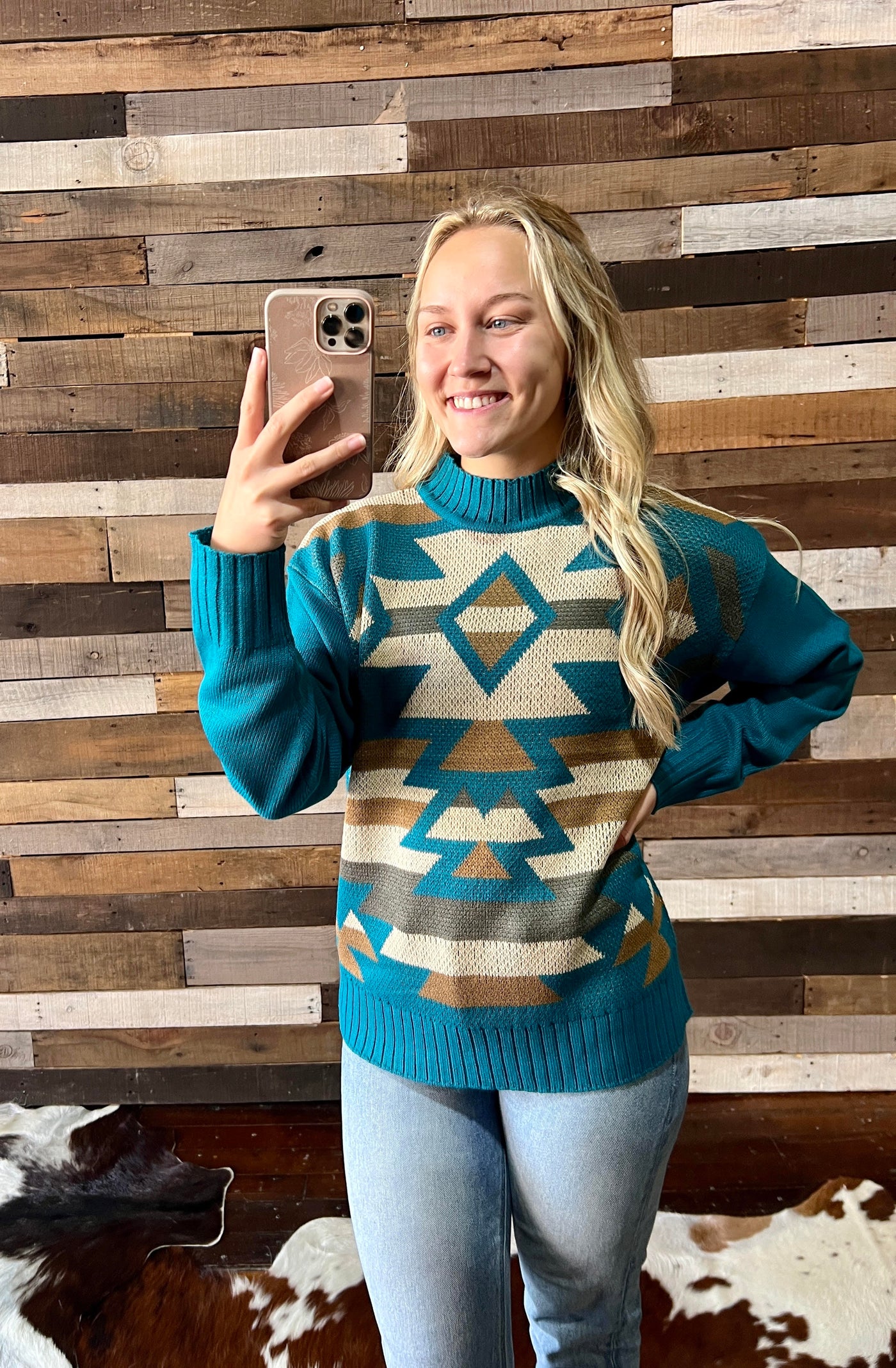 Deborah Teal Aztec Sweater
