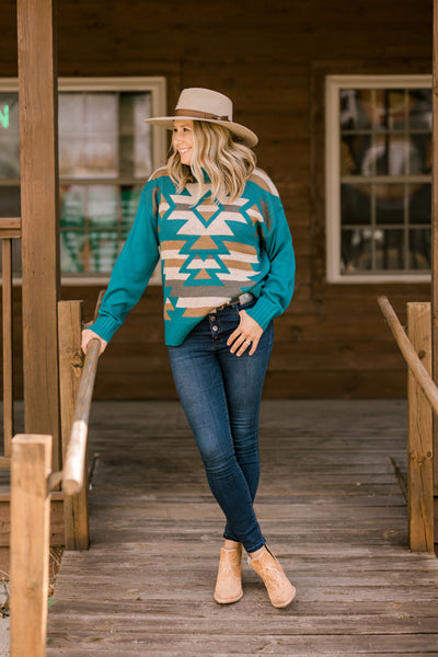 Deborah Teal Aztec Sweater