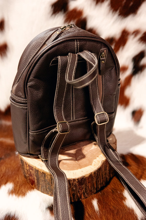 Close-up of the Dundee Backpack's adjustable leather shoulder straps and top zip closure, designed for comfort and security.