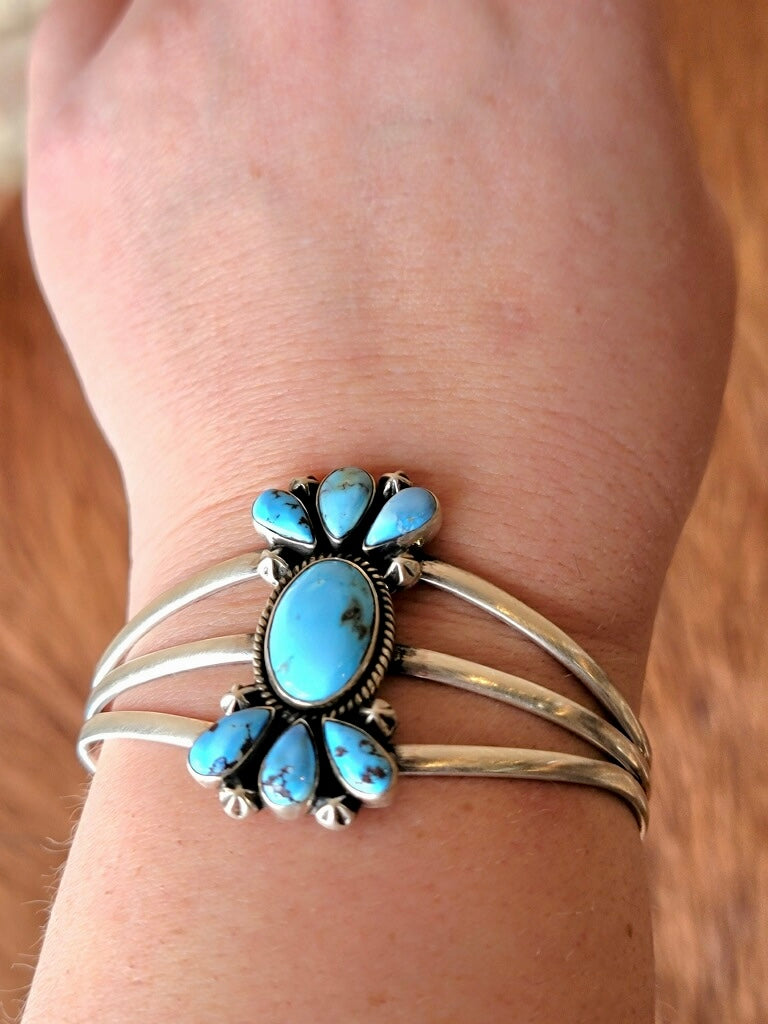 Statement Western Cluster Cuff Bracelet with Genuine Golden Hills Turquoise and Sterling Silver.