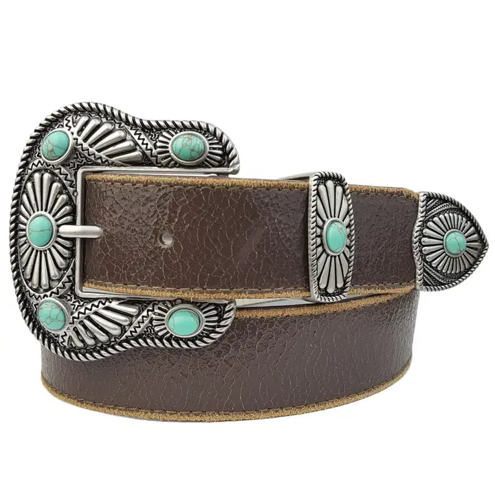 Dylan Brown Leather Belt with Silver Buckle and Turquoise Accents.