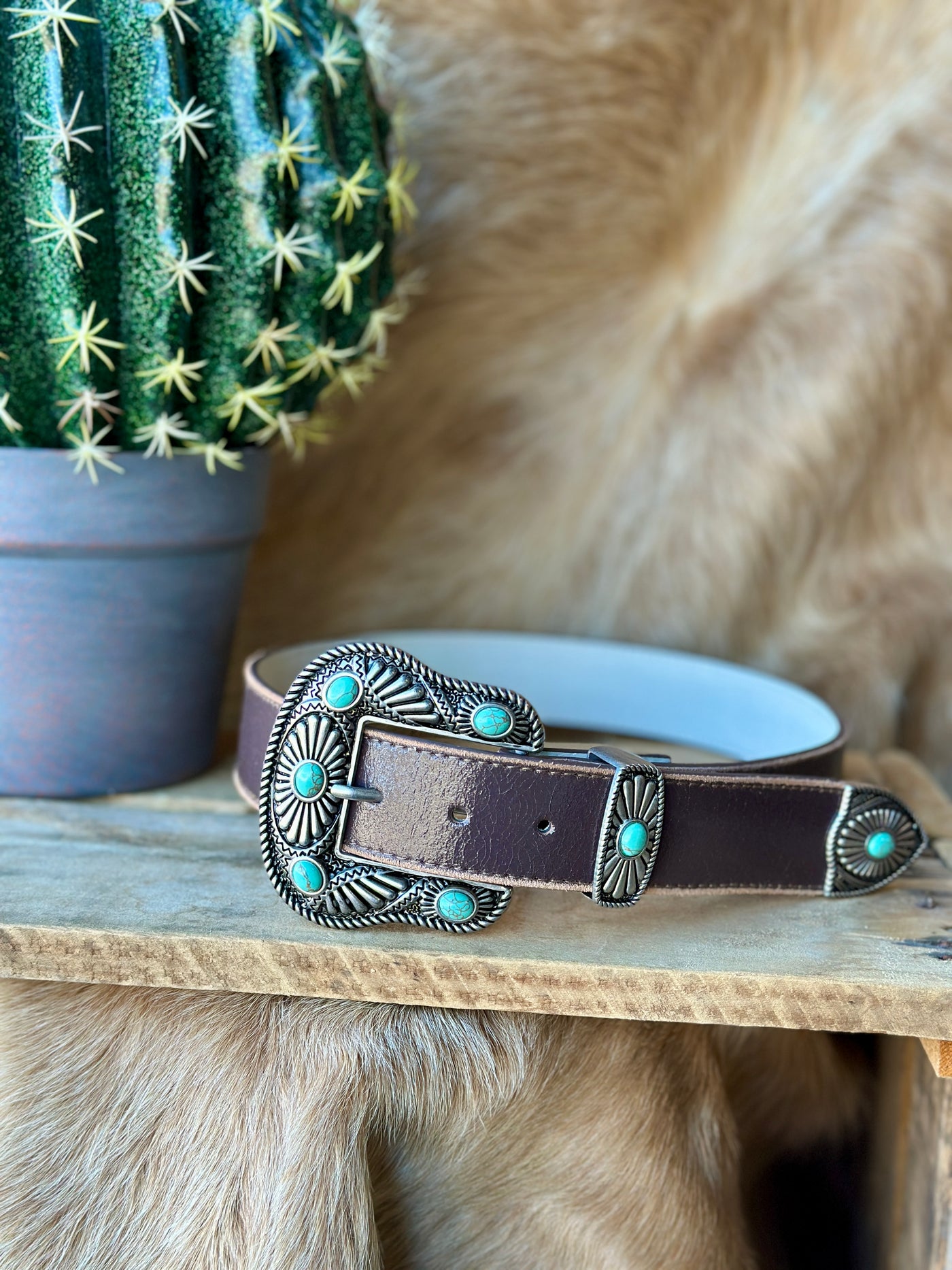 Detail of Dylan Leather Belt Buckle – 3.25” x 3.5” Silver Buckle with Turquoise Inlays