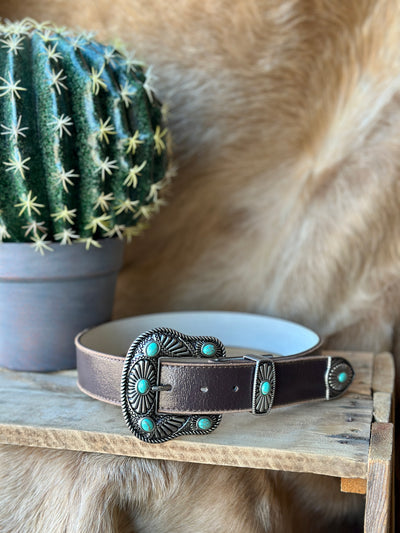 Close-up of Dylan Brown Leather Belt – Chocolate Brown Leather with Turquoise Inlay Buckle