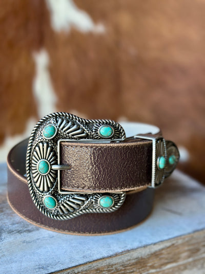 Close-Up of Dylan Brown Leather Belt with Detailed Turquoise Buckle.