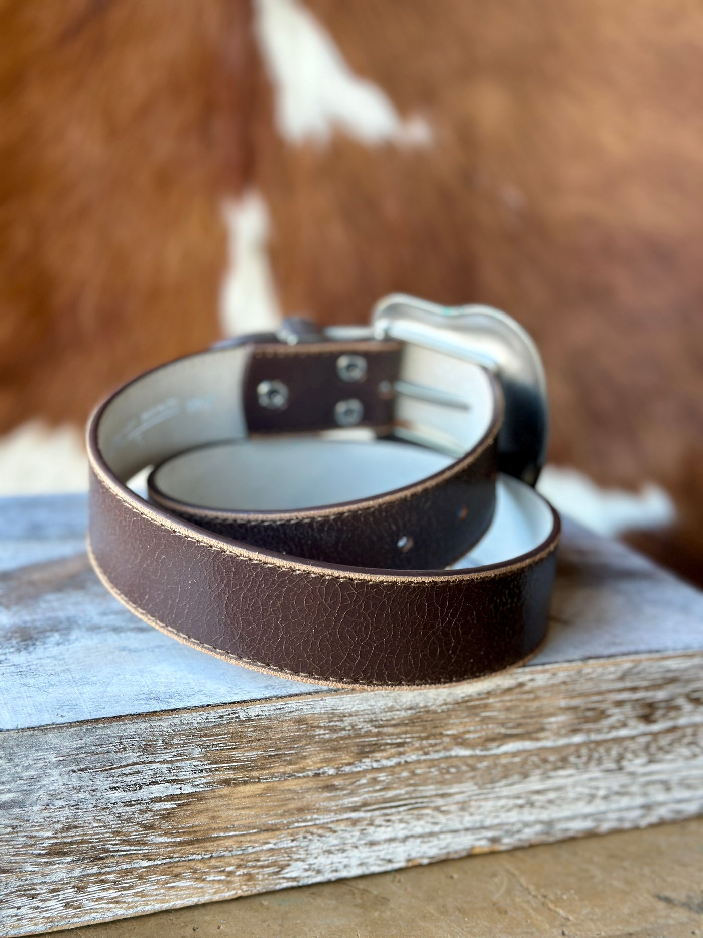 Classic Western Brown Leather Belt with Turquoise Accents.