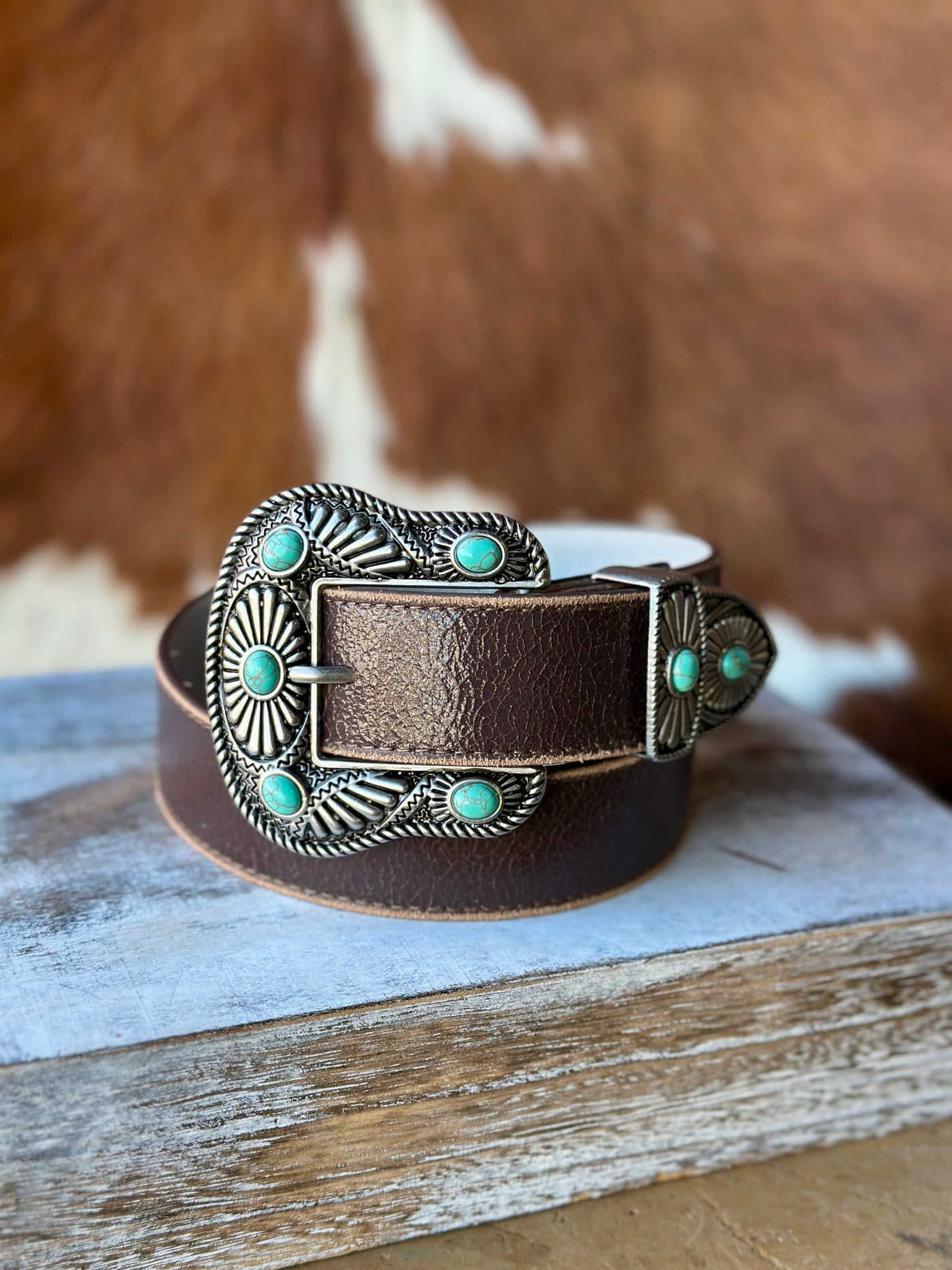 Genuine Leather Brown Belt with Silver and Turquoise Buckle.