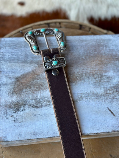 Western Leather Belt in Chocolate Brown with Turquoise Inlay Buckle.