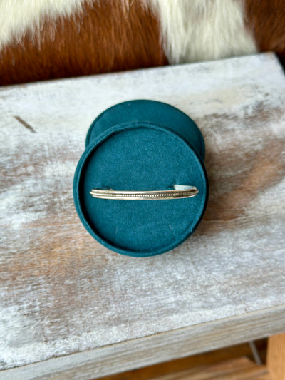 Earl Sterling Silver Beaded Stacking Cuff Bracelet on Display in a velvet box.