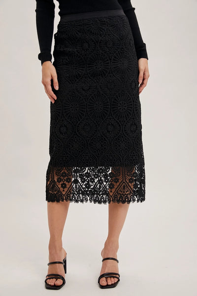 Elegant black lace midi skirt with delicate detailing.