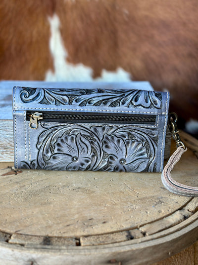 Elsa Tooled Leather Organized Clutch [Grey]