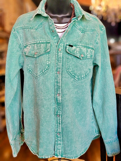 Lightweight and Soft Colored Denim Shirt for Cowgirls featuring Pearl Snap Buttons.