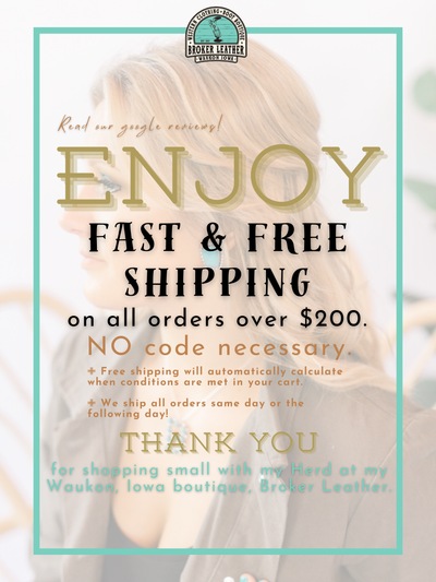 Fast & Free Shipping Infographic from Broker Leather featuring the owner, Brianne Huiskamp.