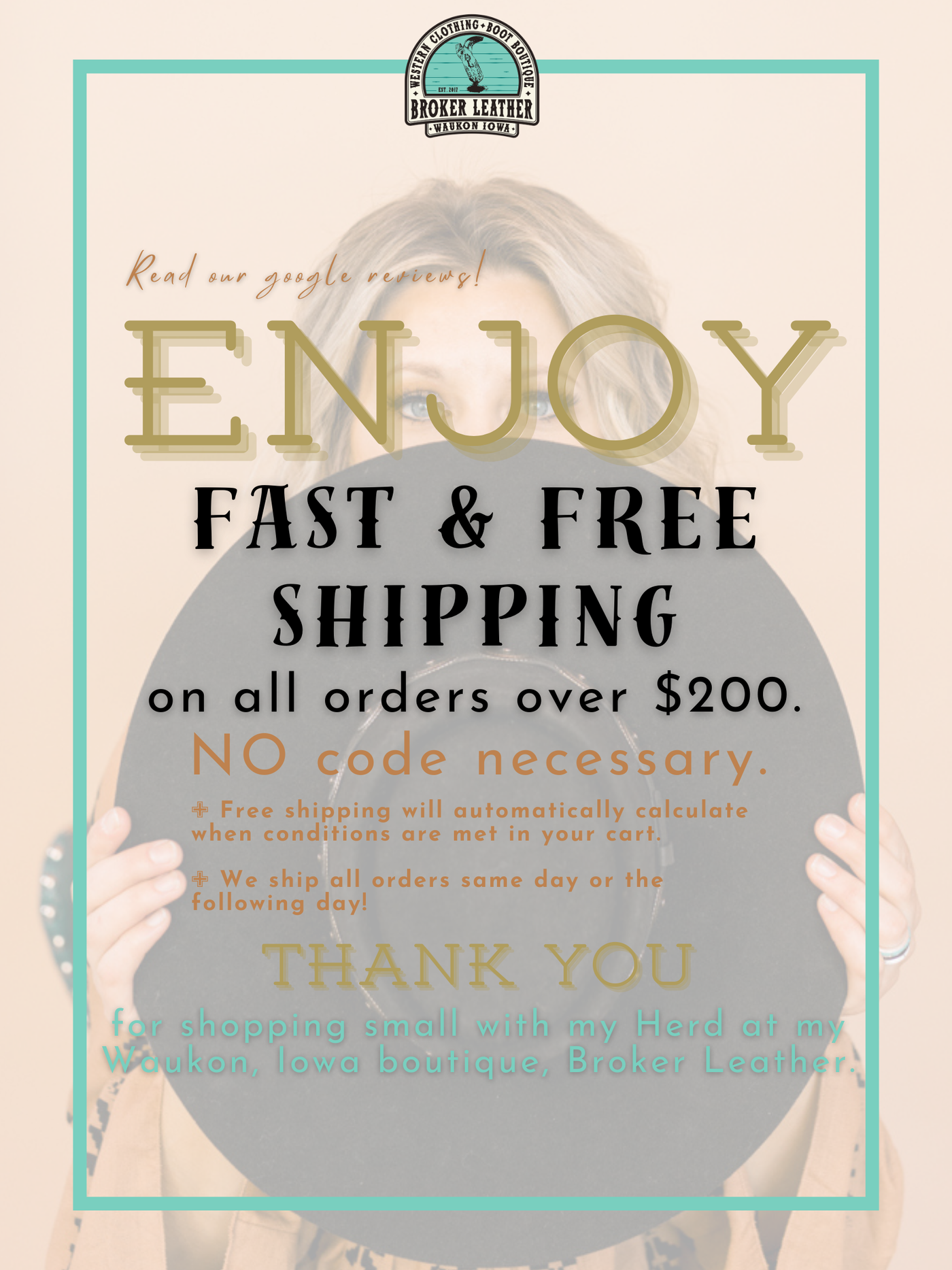 An infographic explaining our happy customer policy of fast & free shipping at Broker Leather.