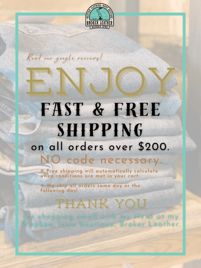 A perk for customers: infographic explaining Broker Leather's fast & free shipping details.