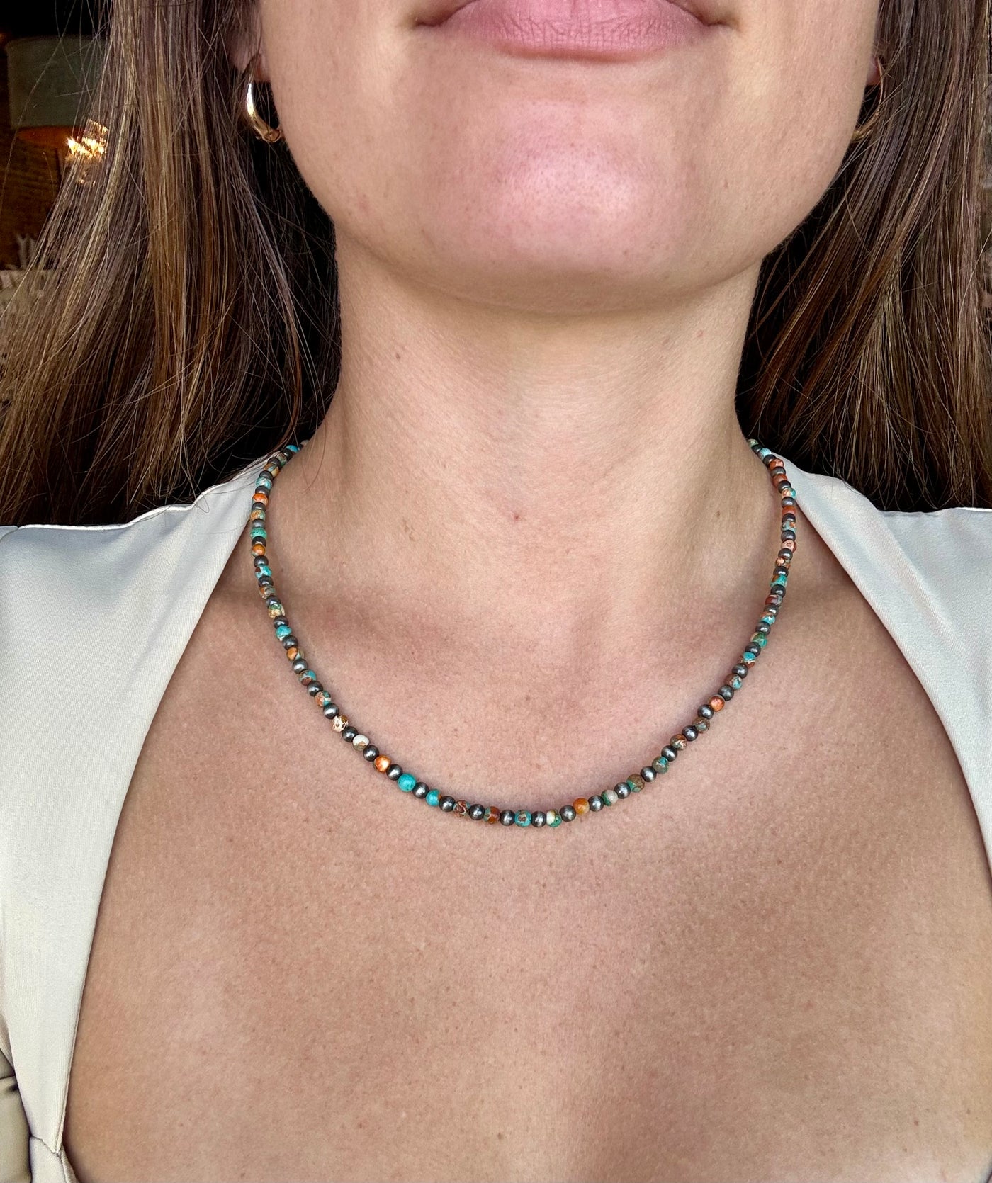 Lightweight 15-inch Erin Navajo Pearl Necklace with turquoise gemstone beads, perfect for everyday Western fashion.