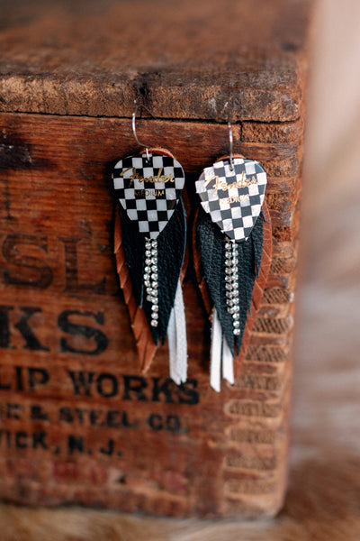 Evelyn Guitar Pick Leather Feather Earrings