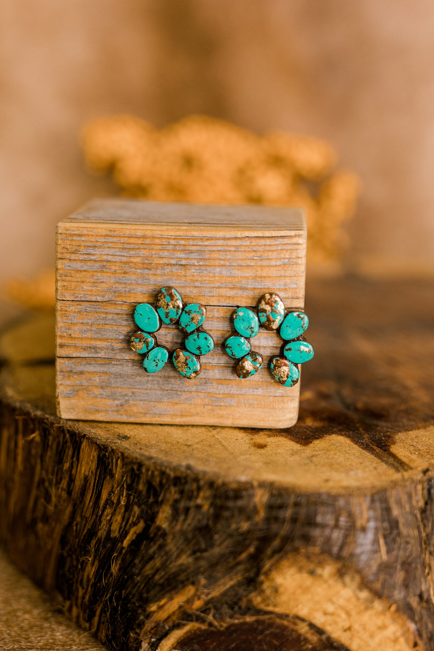 Close-up of Fannie Turquoise Clay Cluster Earrings, handmade with polymer clay and painted to resemble turquoise stones.