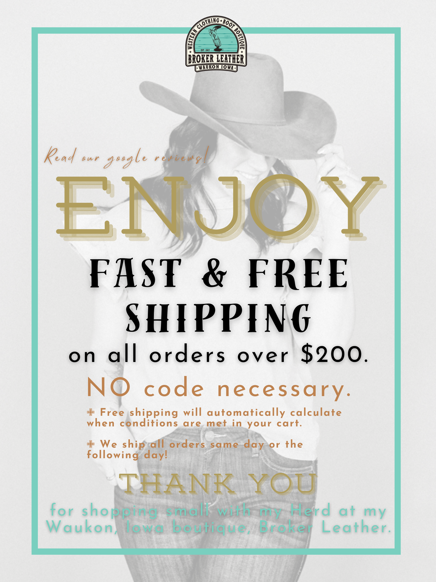 Fast & Free Shipping Infographic from Broker Leather Boutique in Waukon, Iowa.