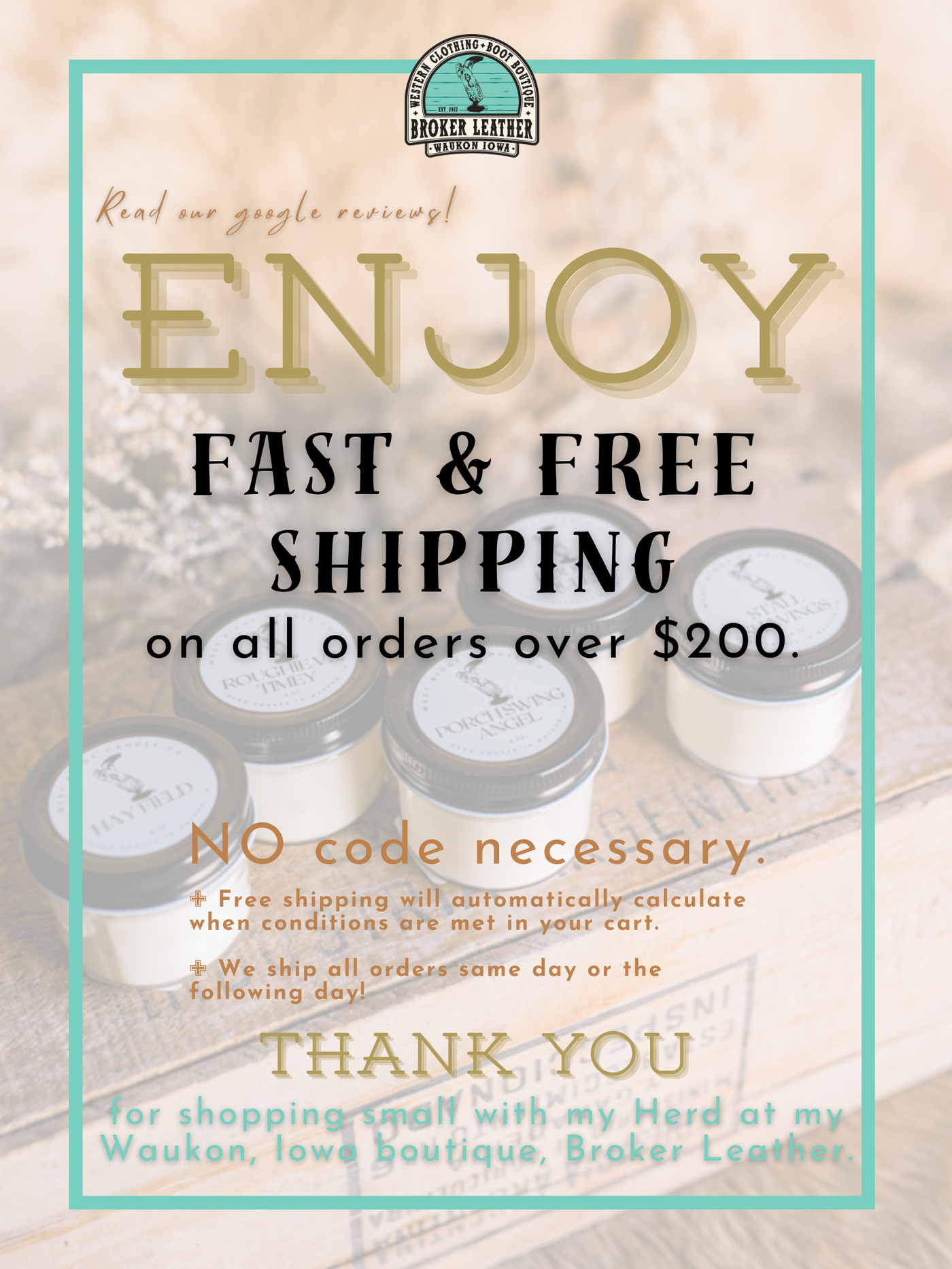 Enjoy our fast and free shipping from our small western boutique in Iowa!