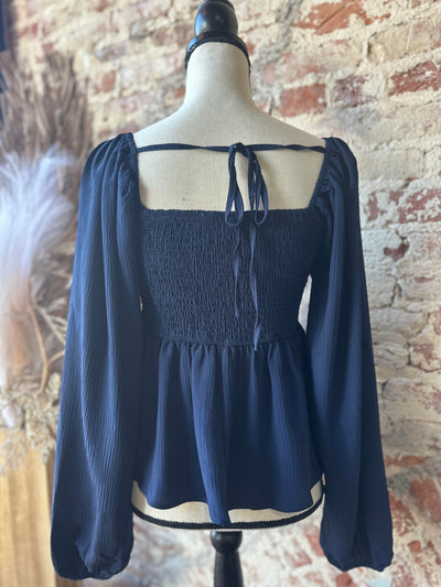 Fearless Crinkled Babydoll Blouse [Navy]