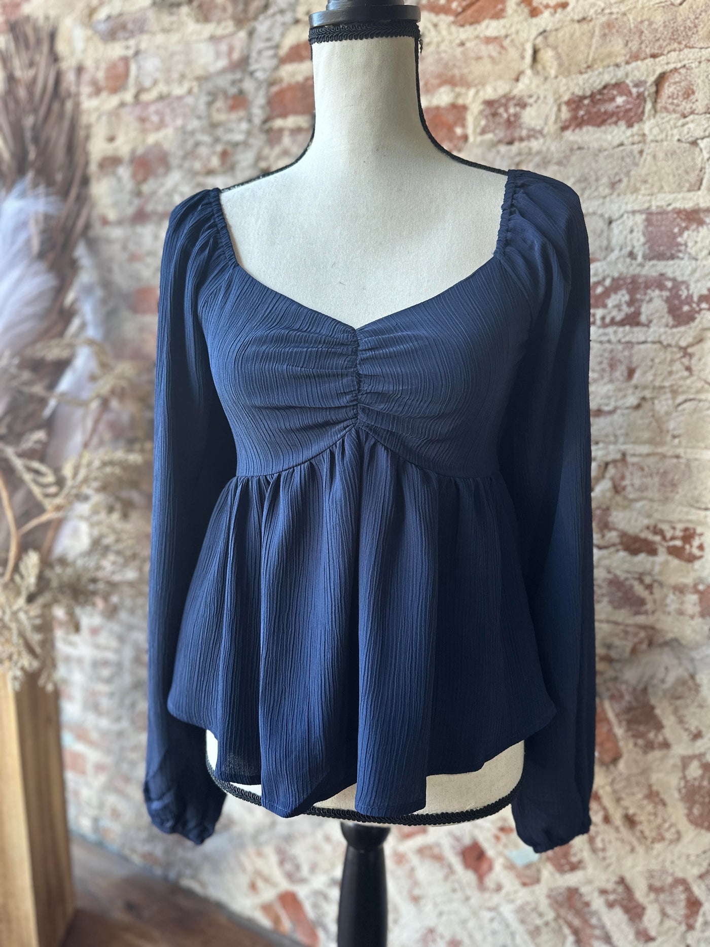 Fearless Crinkled Babydoll Blouse [Navy]