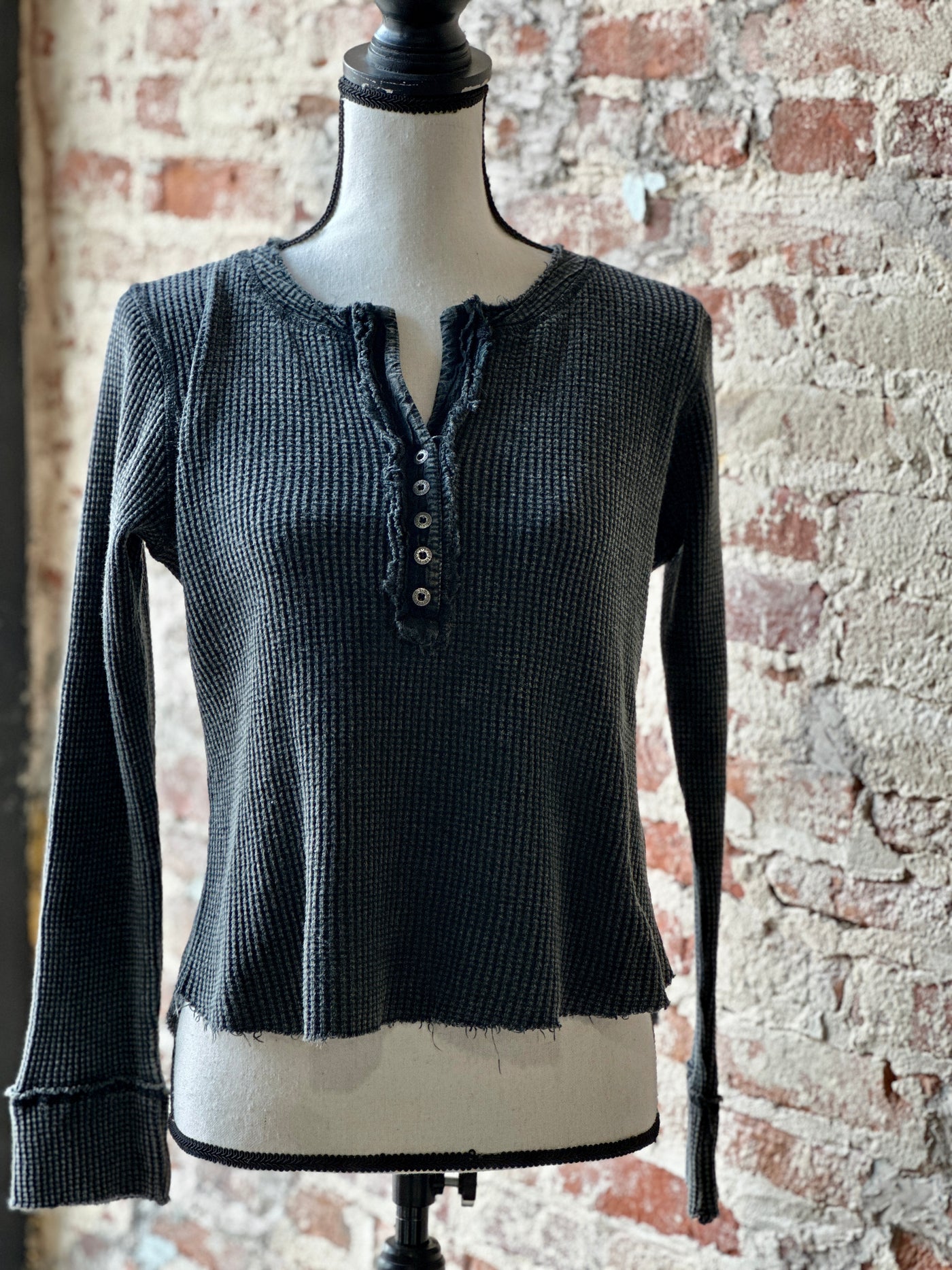 Fischer Waffle Knit Button-Up Top – vintage charcoal grey/black long-sleeve cotton top with a relaxed fit.