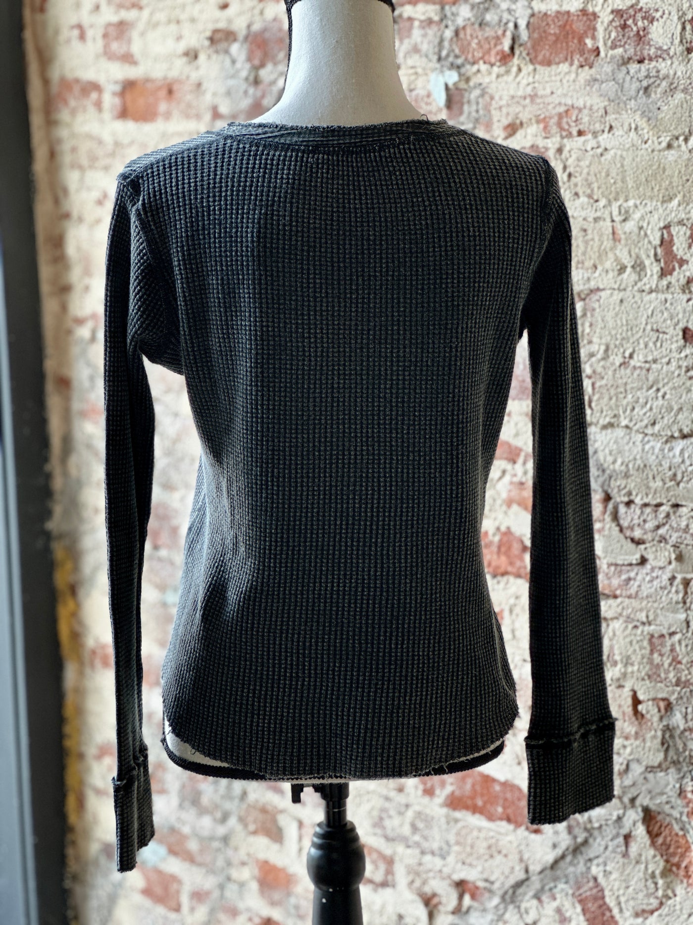 Back view of Fischer Waffle Knit Button-Up Top showing its relaxed fit and versatile design for layering.