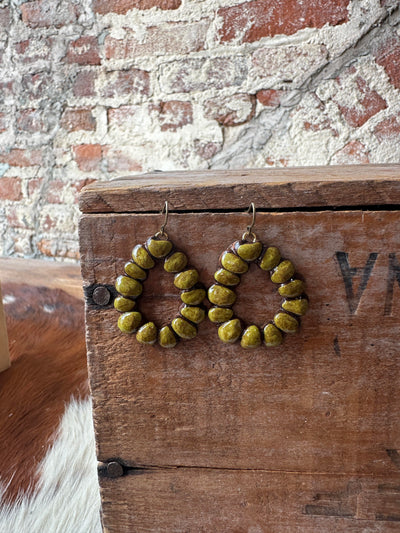 Formula One Clay Teardrop Earrings in Army Green – handcrafted polymer clay earrings with a Western-inspired design.