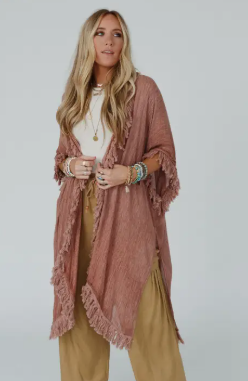 Model showing one-size-fits-most design of the Forty Years Fringe Kimono with bust 36” and length 36.5” for a relaxed fit.