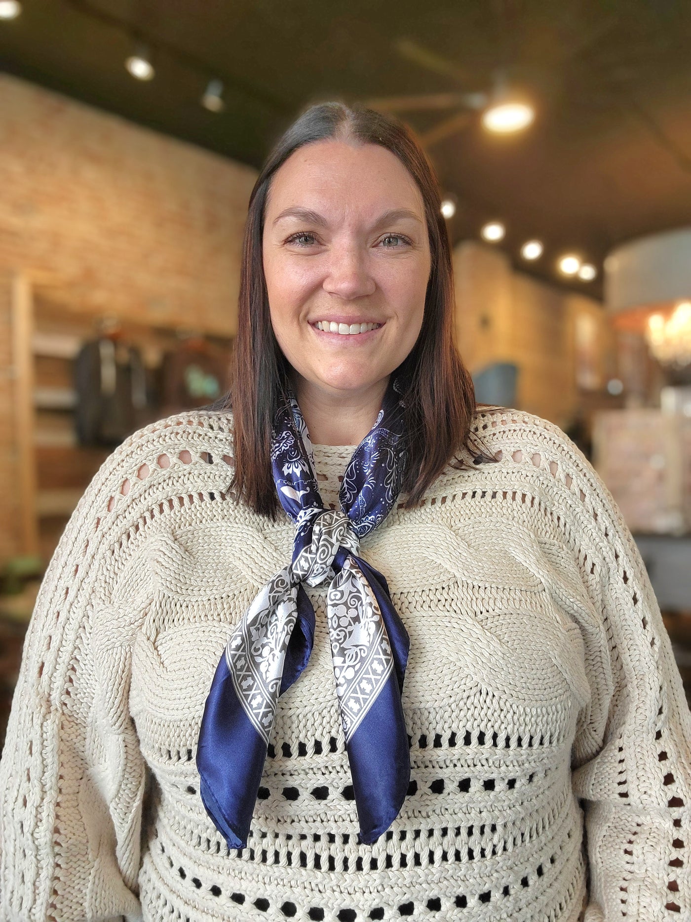 Women modeling our Frya Navy Paisley Wild Rag.