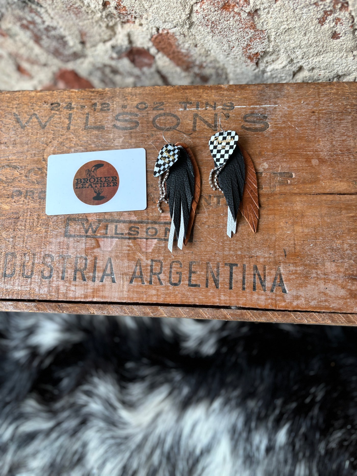 Evelyn Guitar Pick Leather Feather Earrings