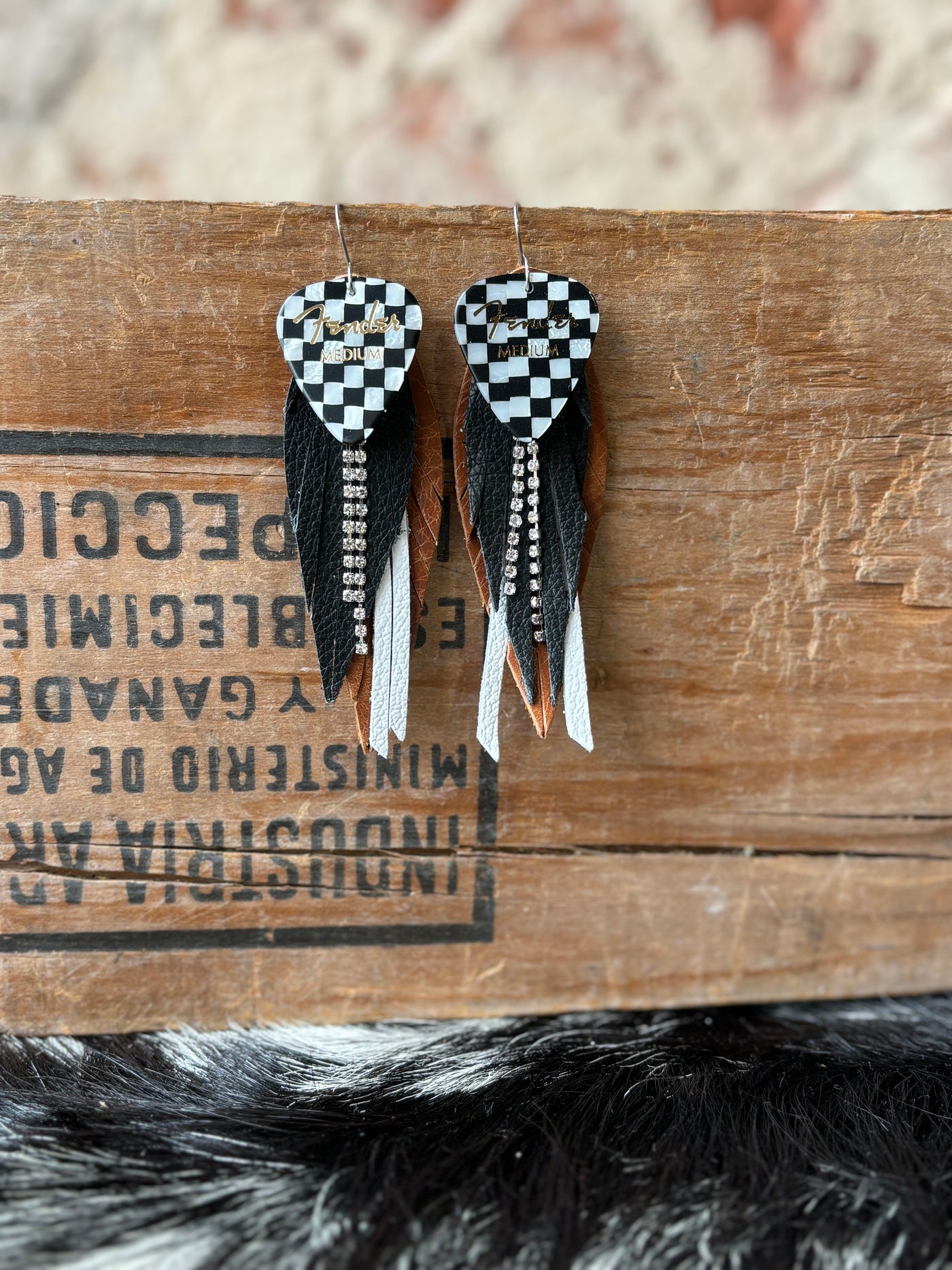 Evelyn Guitar Pick Leather Feather Earrings