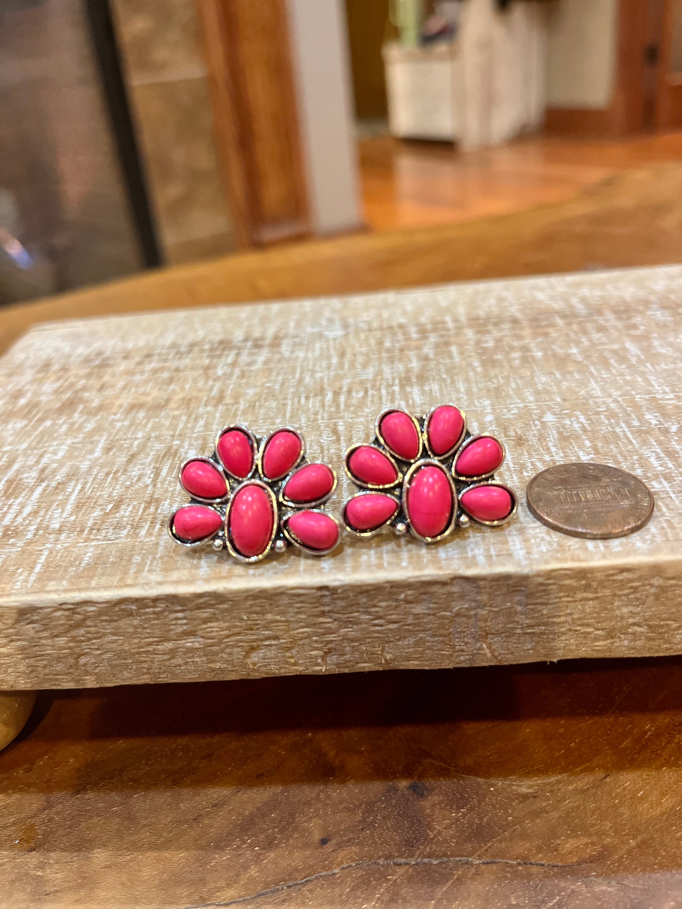 Tori Half Flower Pink Stone Post Earrings