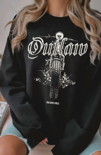 Classic crewneck sweatshirt featuring black Base Color and White motorcycle  outlaw Graphic.