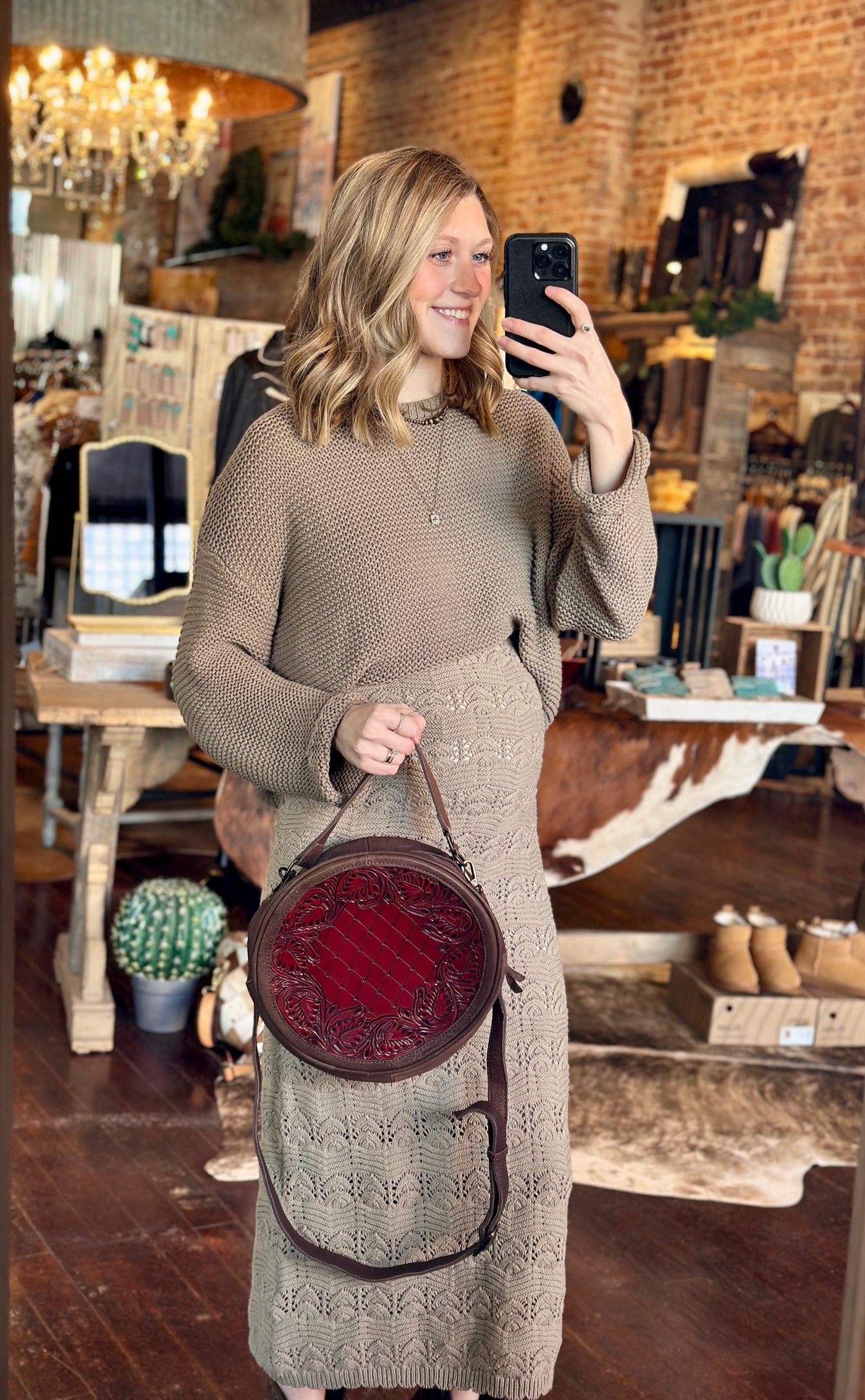 Gabriel Leather Crossbody Styled by store employee showcasing size relevance and classic Western look.