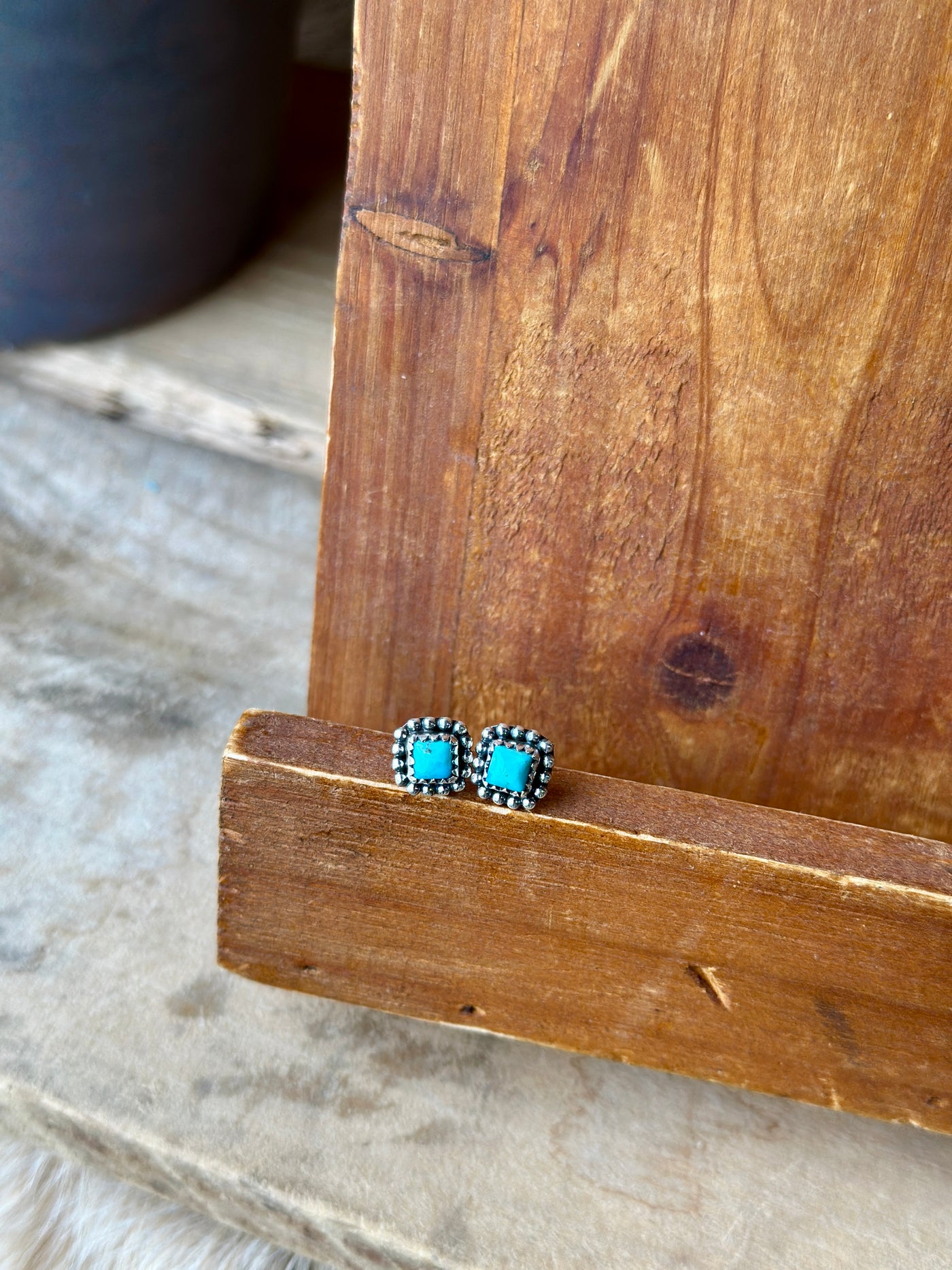 Genette Square Turquoise Studs Styled on Model – Timeless Western Jewelry