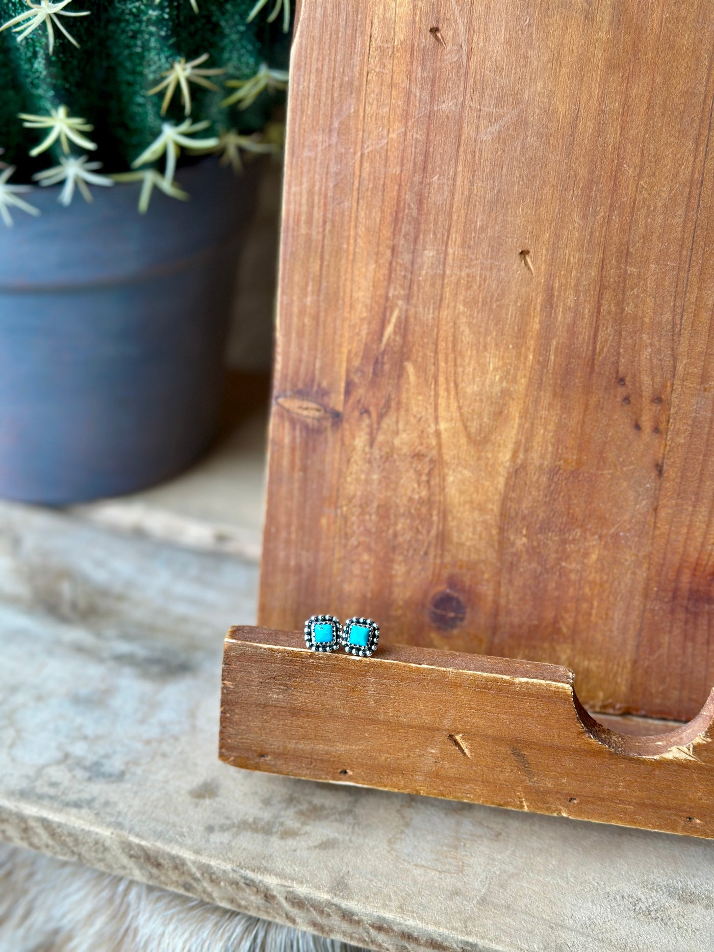 Genette Authentic Turquoise Square Stud Earrings – Genuine Turquoise with Sterling Silver Beaded Border