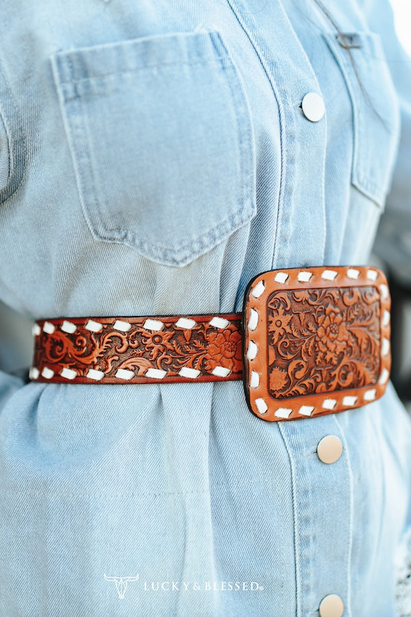 Gentry Tooled leather Buck-Stitch Belt ✙ Buck Stitch Belt – Chris Cox Horsemanship main image 2