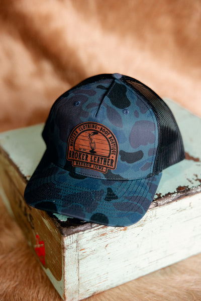 Custom Leather Patch Hat called the Head Nod Broker Patch Hat in Black Duck Camo.