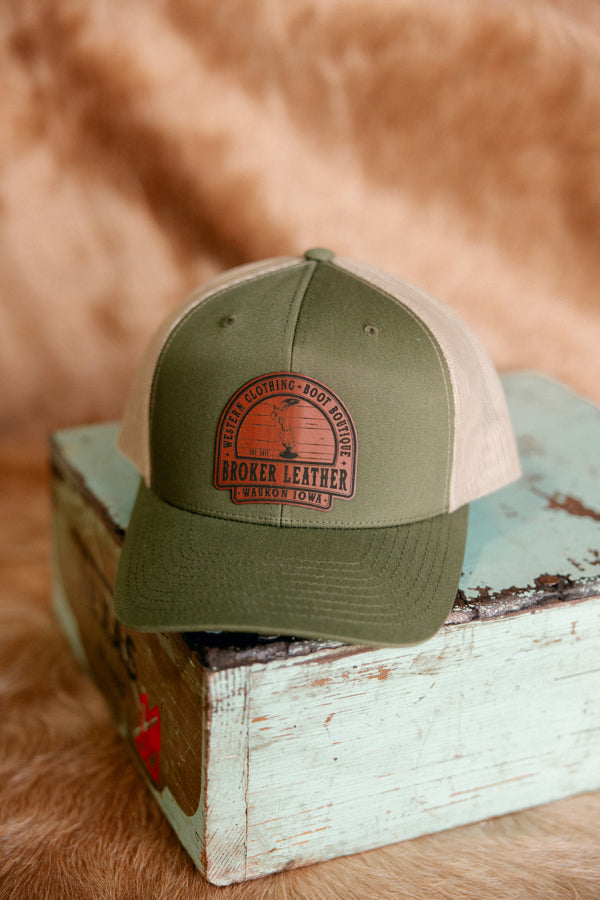 Custom Head Nod Broker Patch Hat Olive Green Side View.