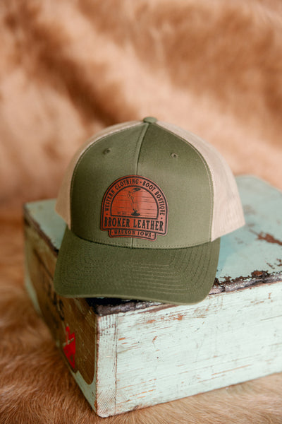 Custom Head Nod Broker Patch Hat Olive Green Side View.