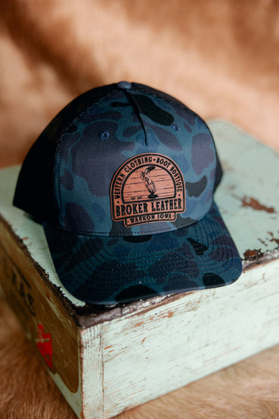 Custom Leather Patch Had called the Head Nod Broker Patch Hat Black Duck Camo.