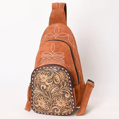 Western-Style Leather Backpack with Tooled Pocket and Whipstitch Trim available at Broker Leather.