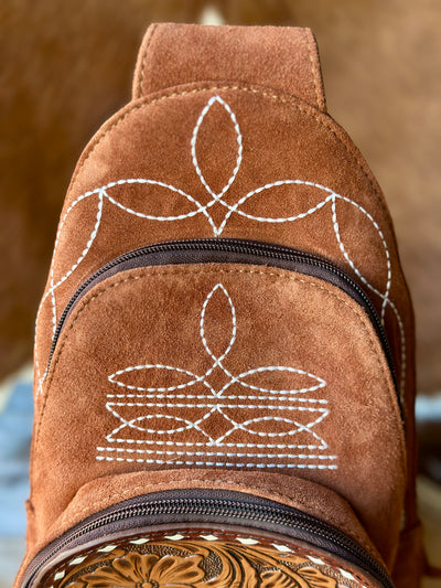 Detailed Close-Up of Beautiful Boot Stitch Pattern on Broker Leather's Hildy Backpack.