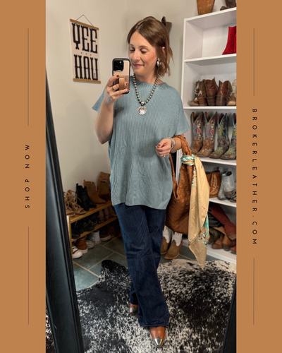 Broker Leather infographic featuring model, Brooke, styling the Holland Short Sleeve Oversized Sweater [Haze Blue] with jeans, cowgirl boots, and Navajo Pearls.