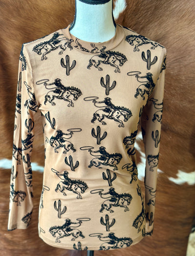 Western-inspired long sleeve mesh top with a brown base and black 3D raised cacti and cowboy designs, perfect for layering or wearing solo.