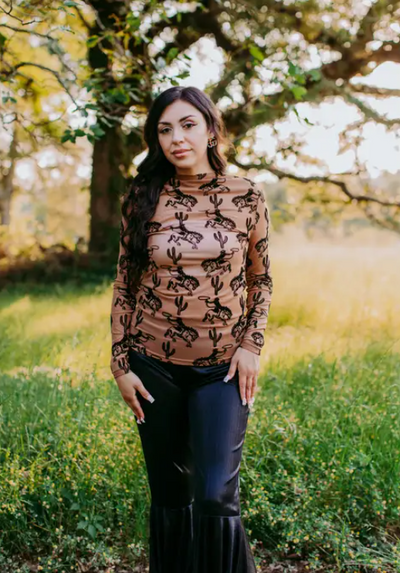 Brown and black Holly Cactus & Cowboys Long Sleeve Mesh Top, crafted from a comfortable polyester-spandex blend, designed for all-day wear and layering.