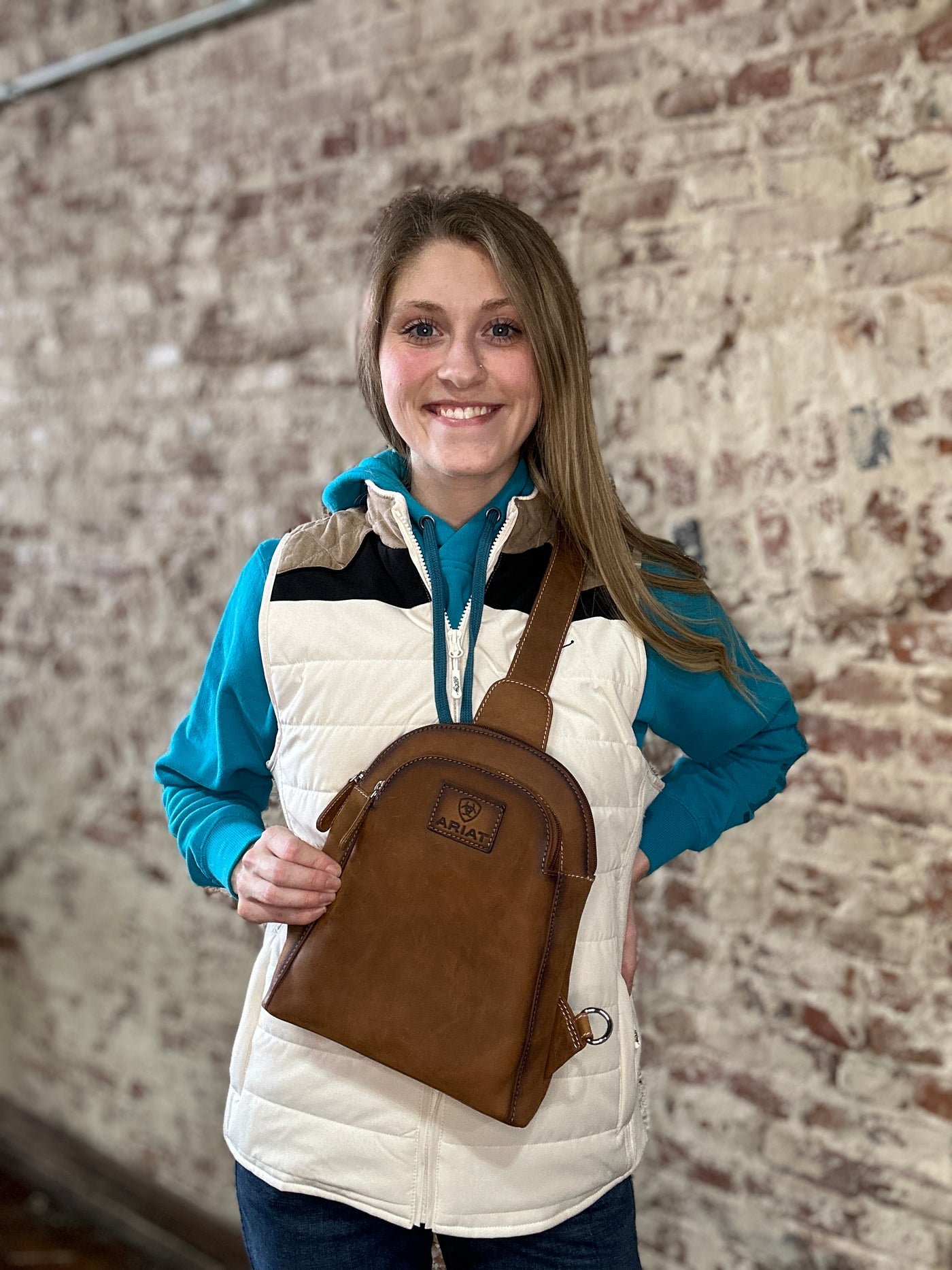 Hooey Martin Vest in cream, tan, and black with faux suede shoulder accents, perfect for fall layering.